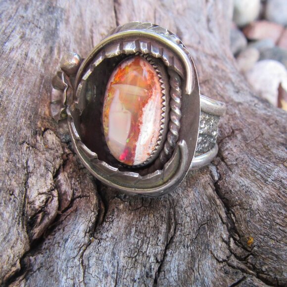 Rare High Horse Silver Exquisite Custom Huge Flashy Mexican Fire Opal Ring .925 - Picture 5 of 14